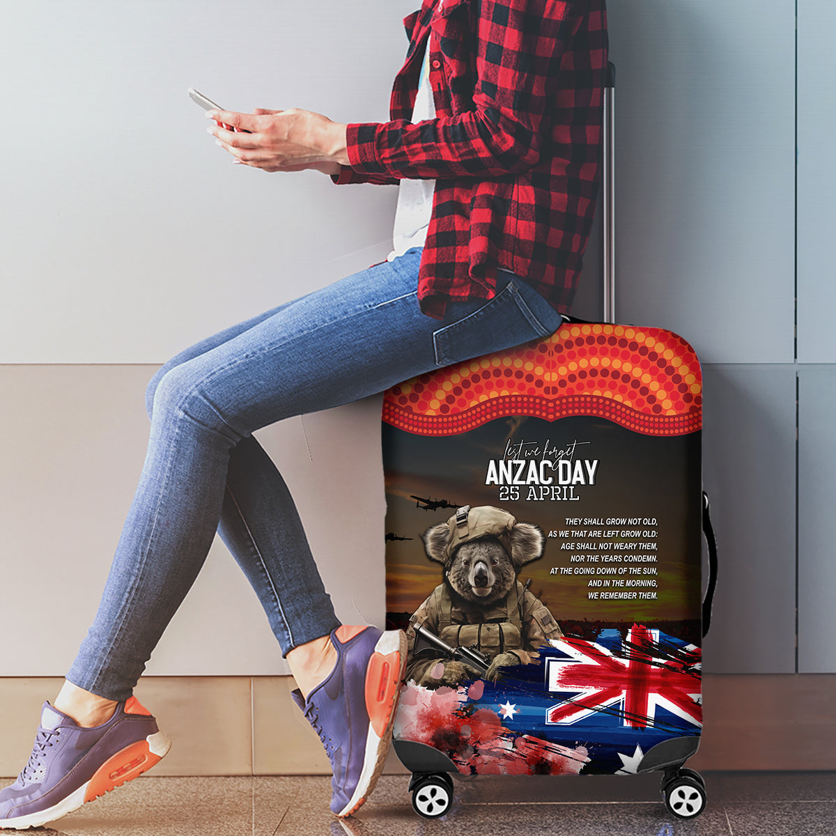 Australia ANZAC Day Luggage Cover Koala and Kangaroo Red Poppy Flower Field Aboriginal Pattern - Vibe Hoodie Shop