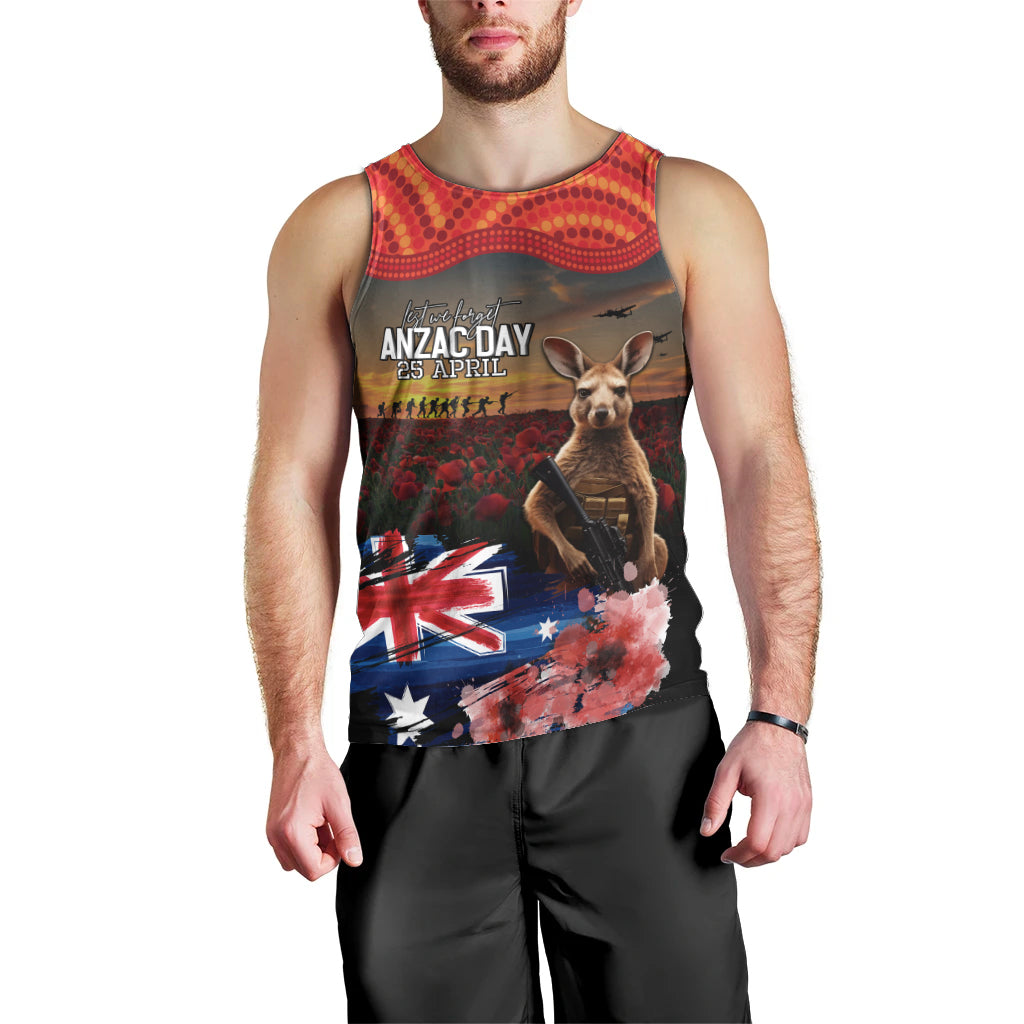 Australia ANZAC Day Men Tank Top Koala and Kangaroo Red Poppy Flower Field Aboriginal Pattern - Vibe Hoodie Shop
