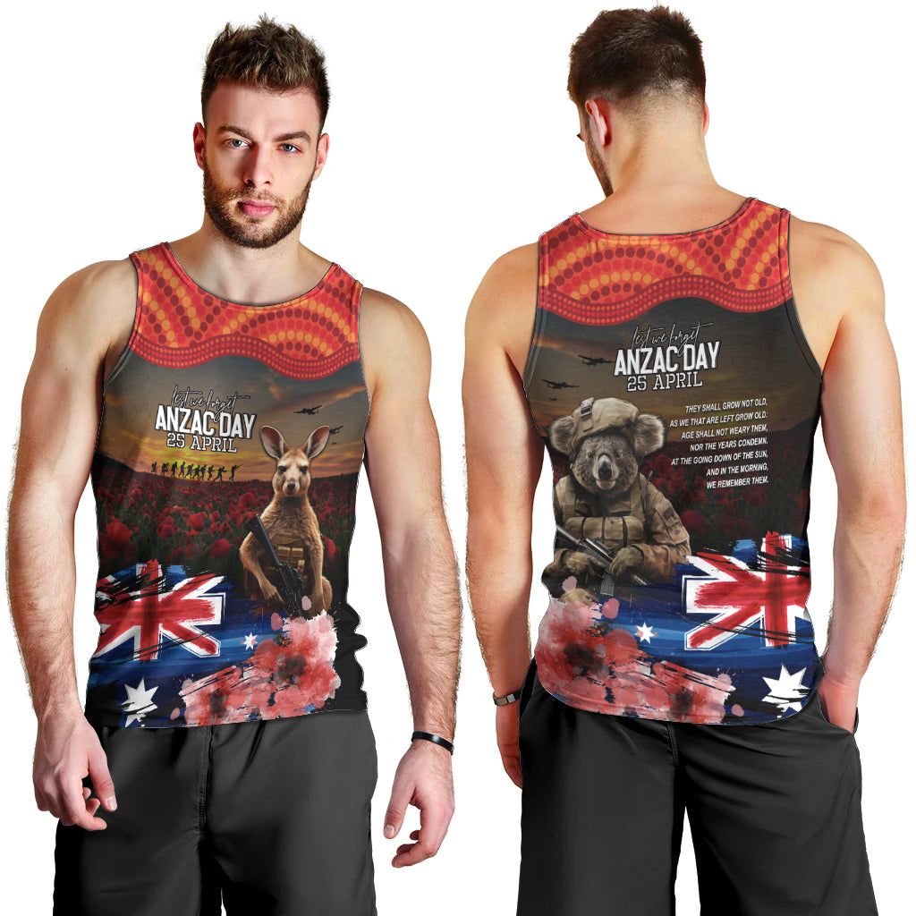 Australia ANZAC Day Men Tank Top Koala and Kangaroo Red Poppy Flower Field Aboriginal Pattern - Vibe Hoodie Shop