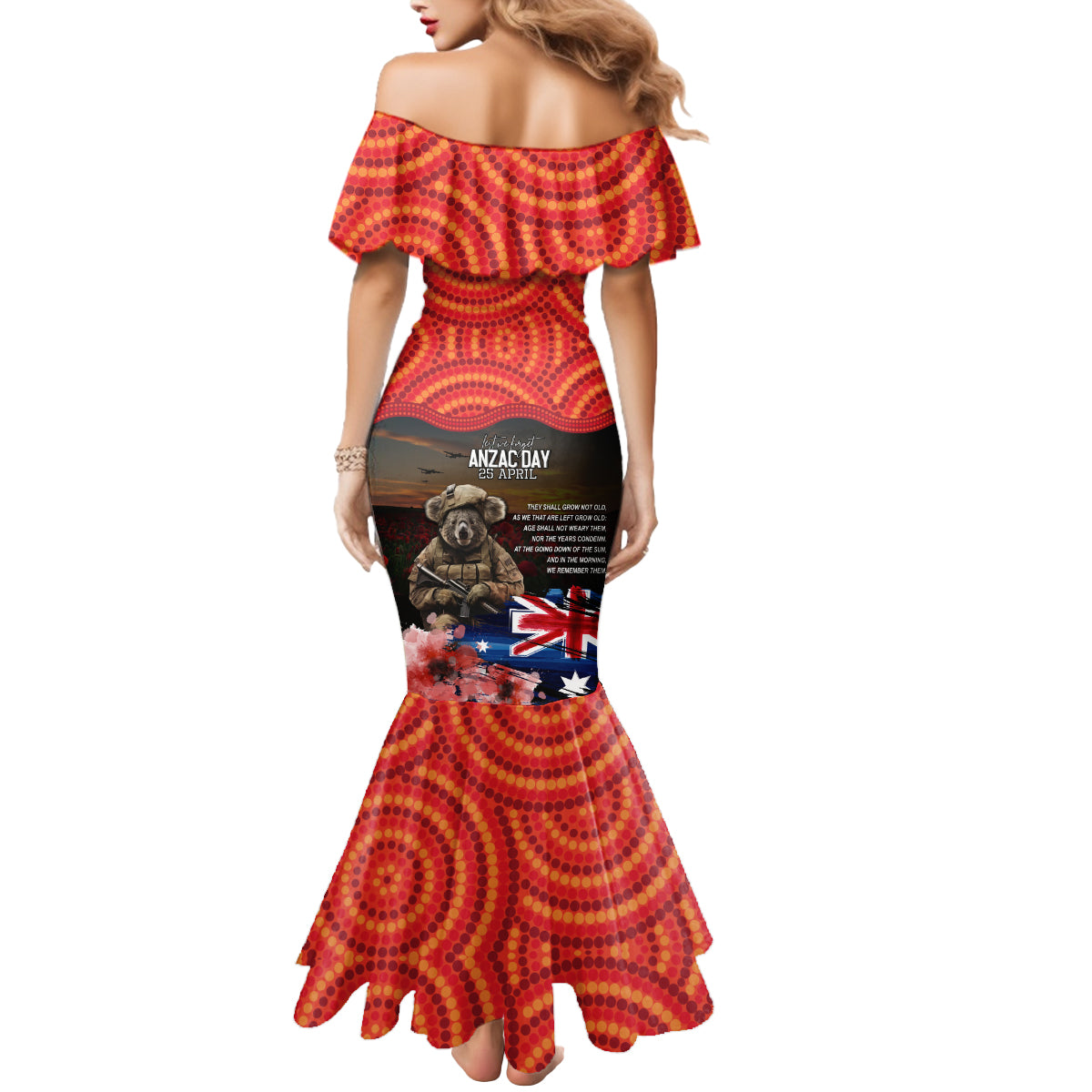 Australia ANZAC Day Mermaid Dress Koala and Kangaroo Red Poppy Flower Field Aboriginal Pattern