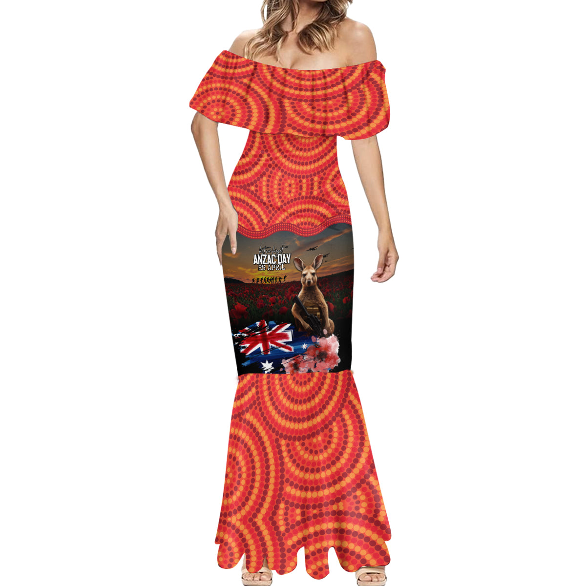 Australia ANZAC Day Mermaid Dress Koala and Kangaroo Red Poppy Flower Field Aboriginal Pattern