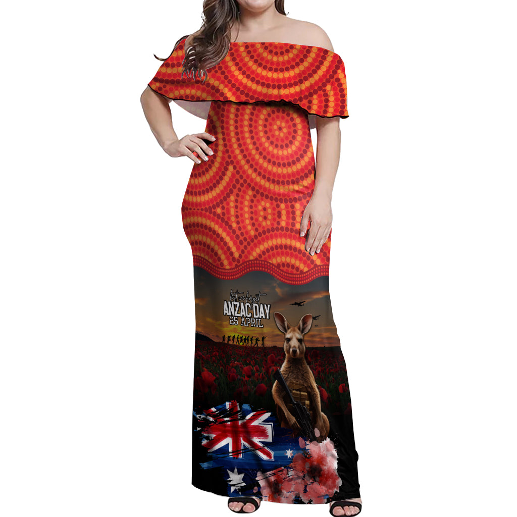 Australia ANZAC Day Off Shoulder Maxi Dress Koala and Kangaroo Red Poppy Flower Field Aboriginal Pattern