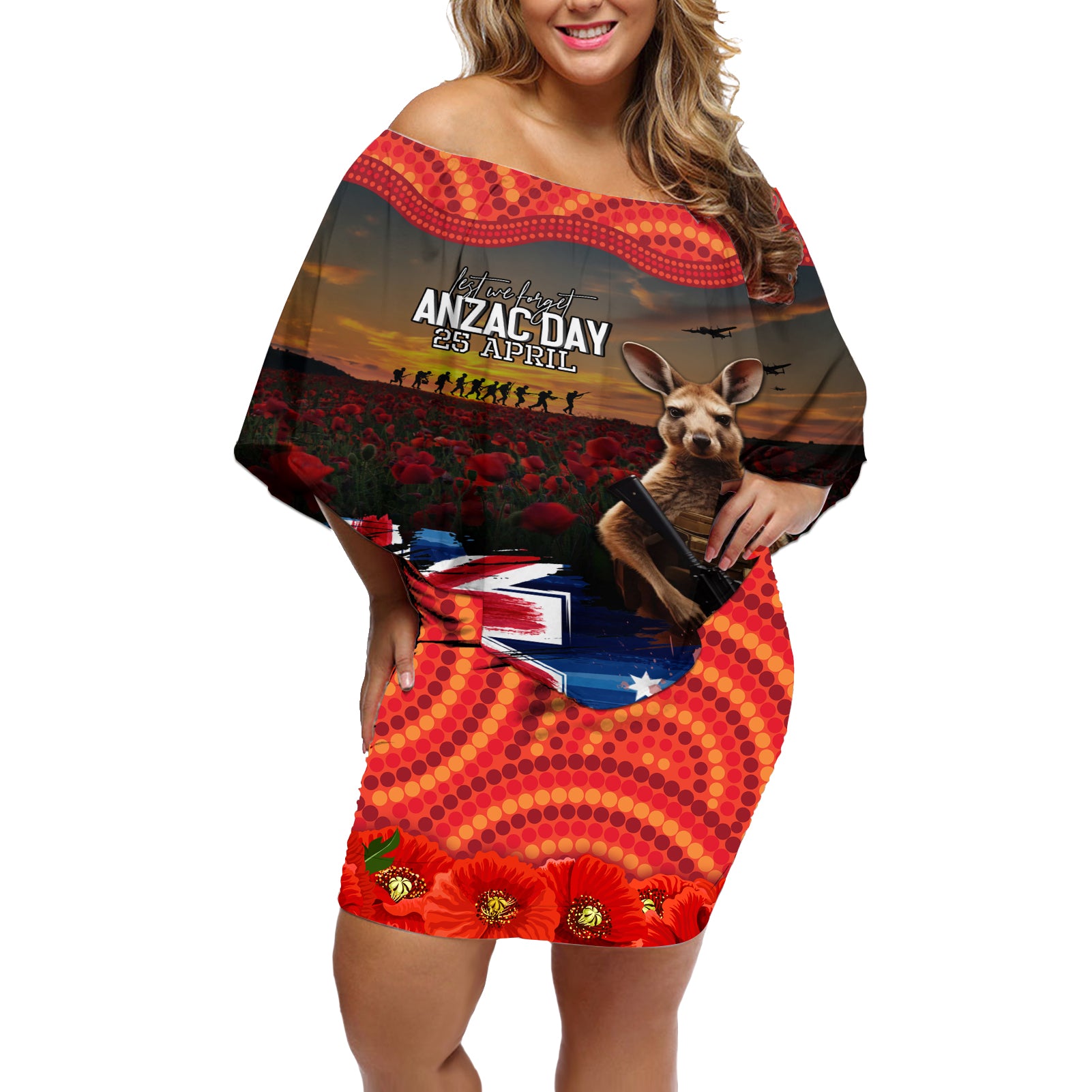 Australia ANZAC Day Off Shoulder Short Dress Koala and Kangaroo Red Poppy Flower Field Aboriginal Pattern