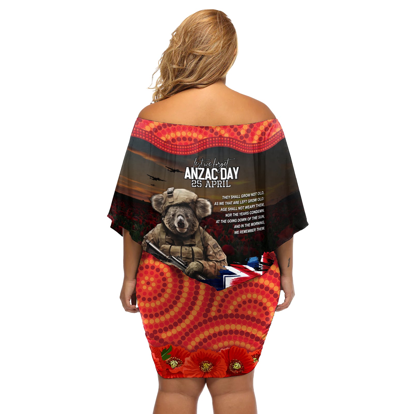 Australia ANZAC Day Off Shoulder Short Dress Koala and Kangaroo Red Poppy Flower Field Aboriginal Pattern
