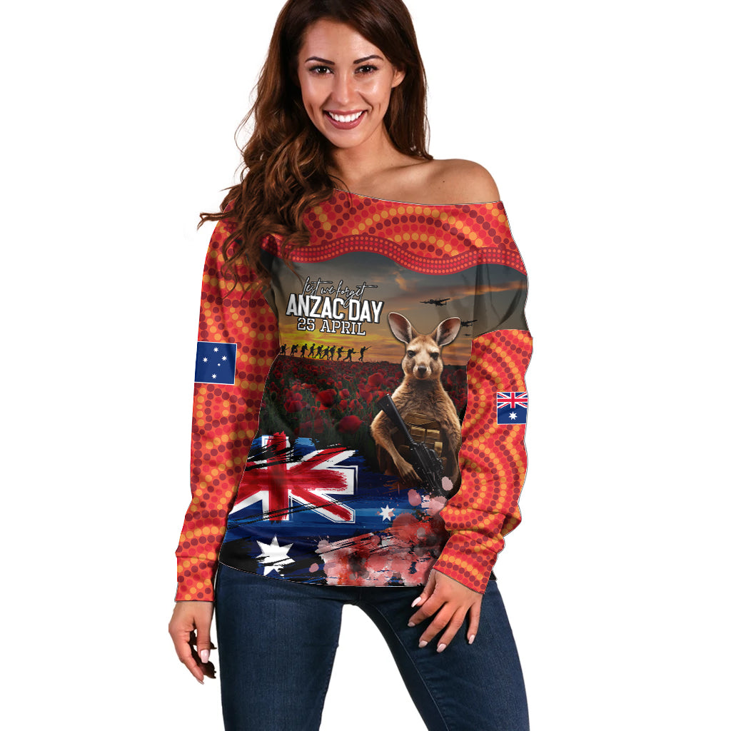 Australia ANZAC Day Off Shoulder Sweater Koala and Kangaroo Red Poppy Flower Field Aboriginal Pattern - Vibe Hoodie Shop