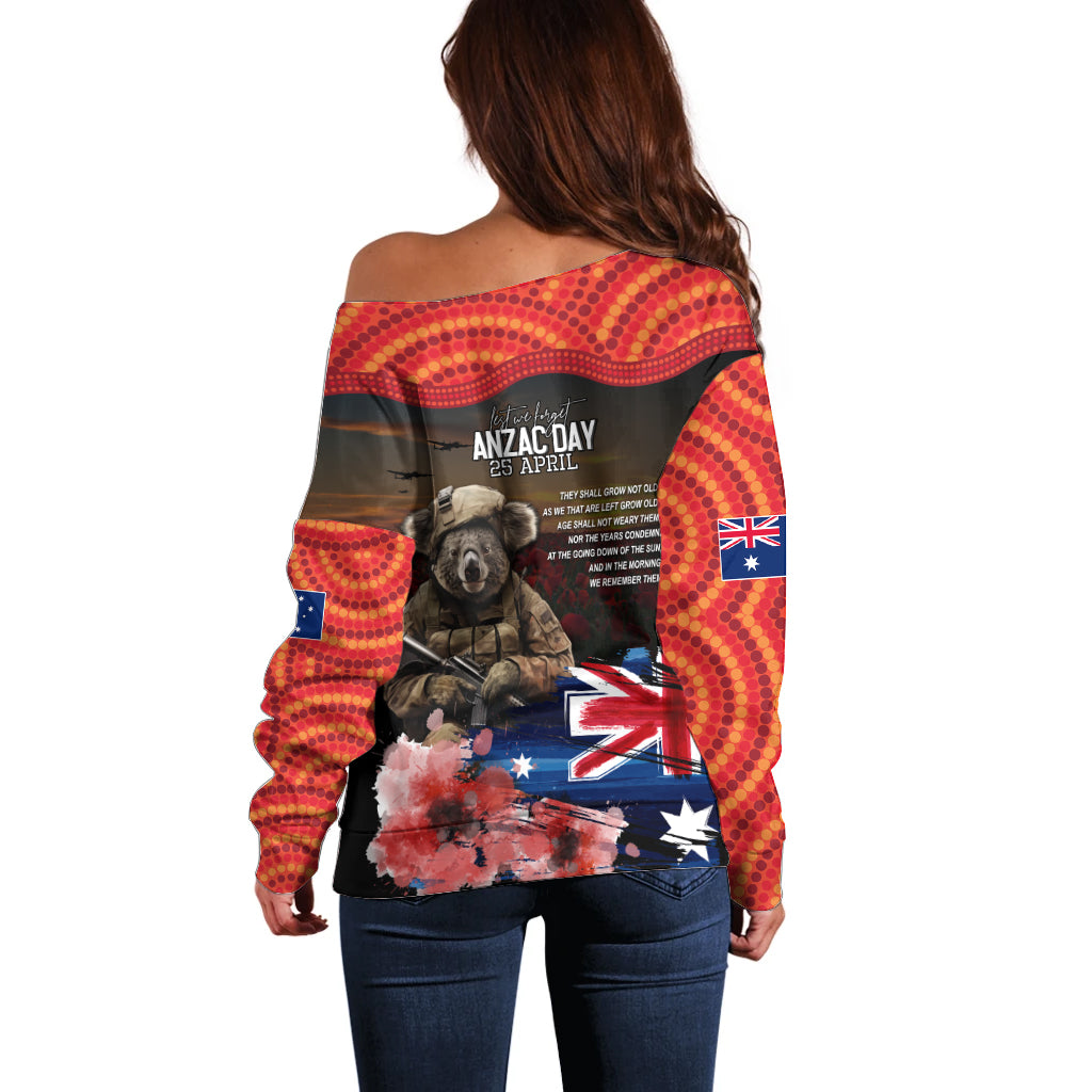 Australia ANZAC Day Off Shoulder Sweater Koala and Kangaroo Red Poppy Flower Field Aboriginal Pattern - Vibe Hoodie Shop