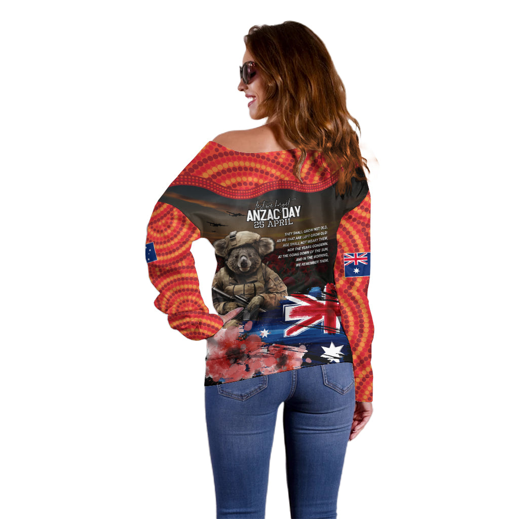 Australia ANZAC Day Off Shoulder Sweater Koala and Kangaroo Red Poppy Flower Field Aboriginal Pattern - Vibe Hoodie Shop