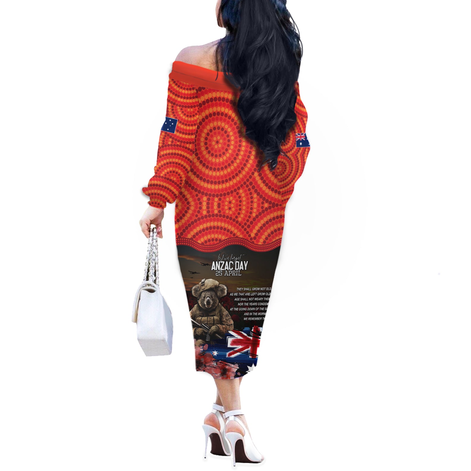 Australia ANZAC Day Off The Shoulder Long Sleeve Dress Koala and Kangaroo Red Poppy Flower Field Aboriginal Pattern