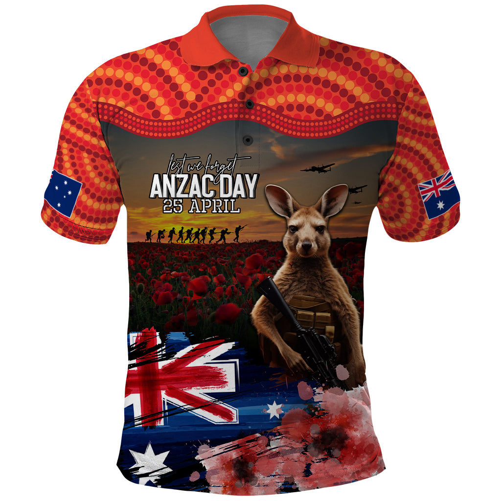 Australia ANZAC Day Polo Shirt Koala and Kangaroo Red Poppy Flower Field Aboriginal Pattern - Vibe Hoodie Shop
