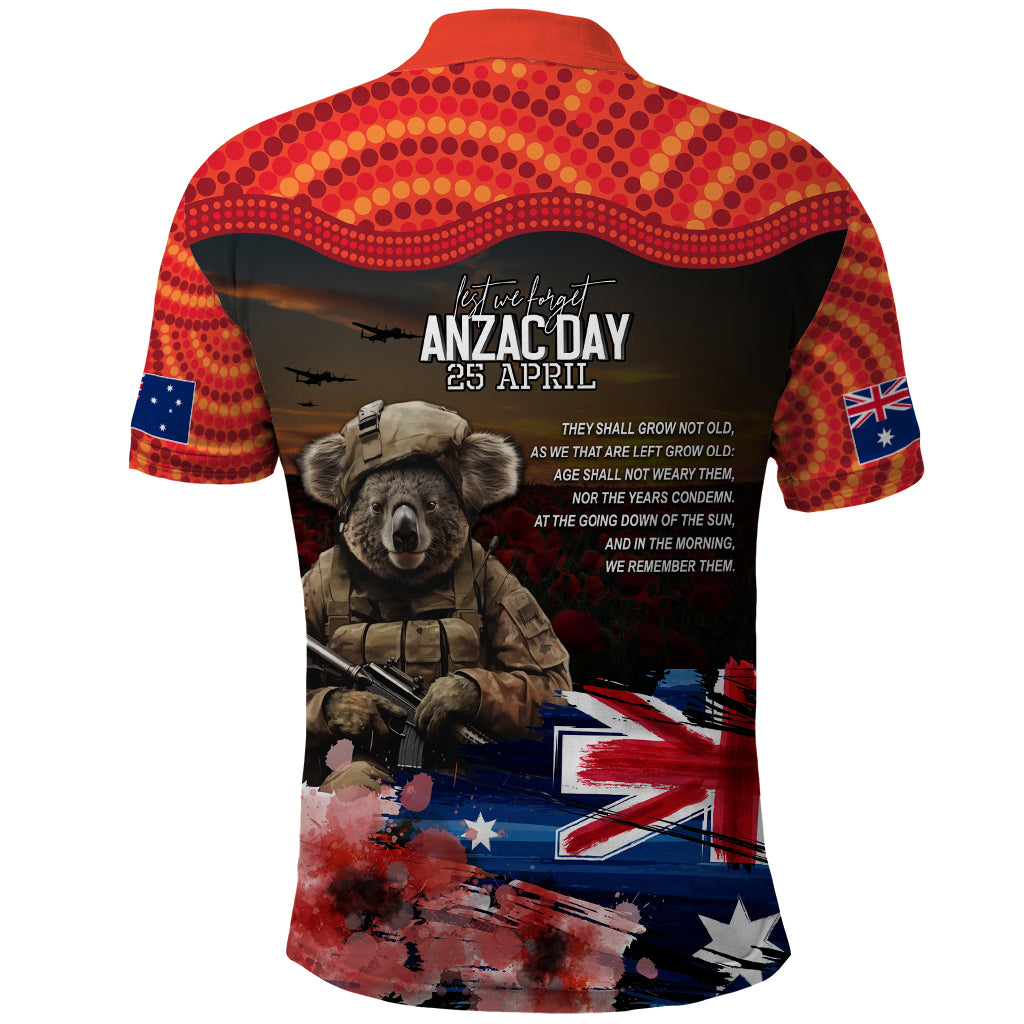 Australia ANZAC Day Polo Shirt Koala and Kangaroo Red Poppy Flower Field Aboriginal Pattern - Vibe Hoodie Shop