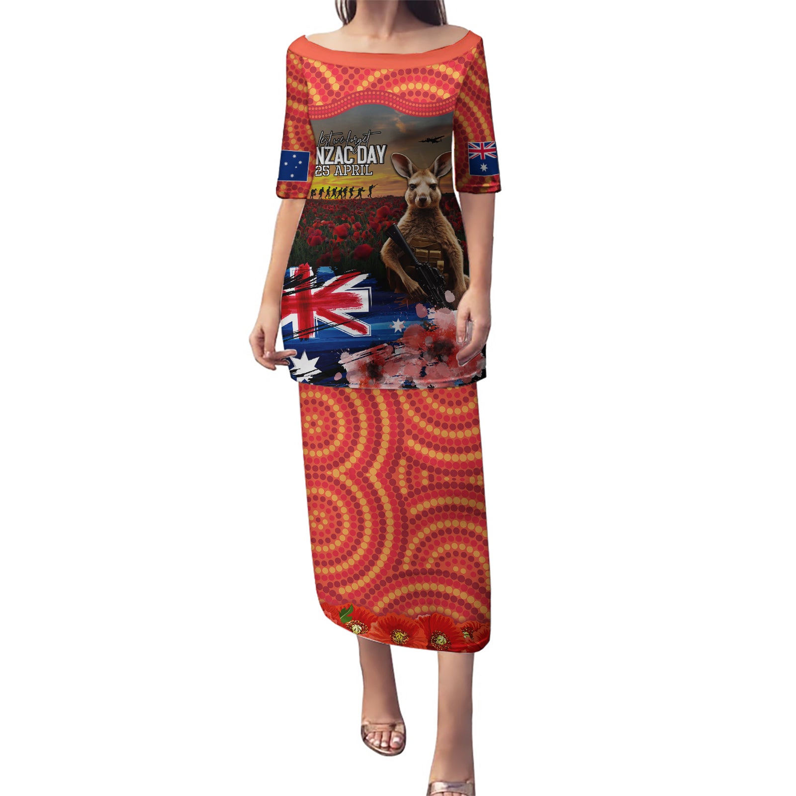 Australia ANZAC Day Puletasi Koala and Kangaroo Red Poppy Flower Field Aboriginal Pattern