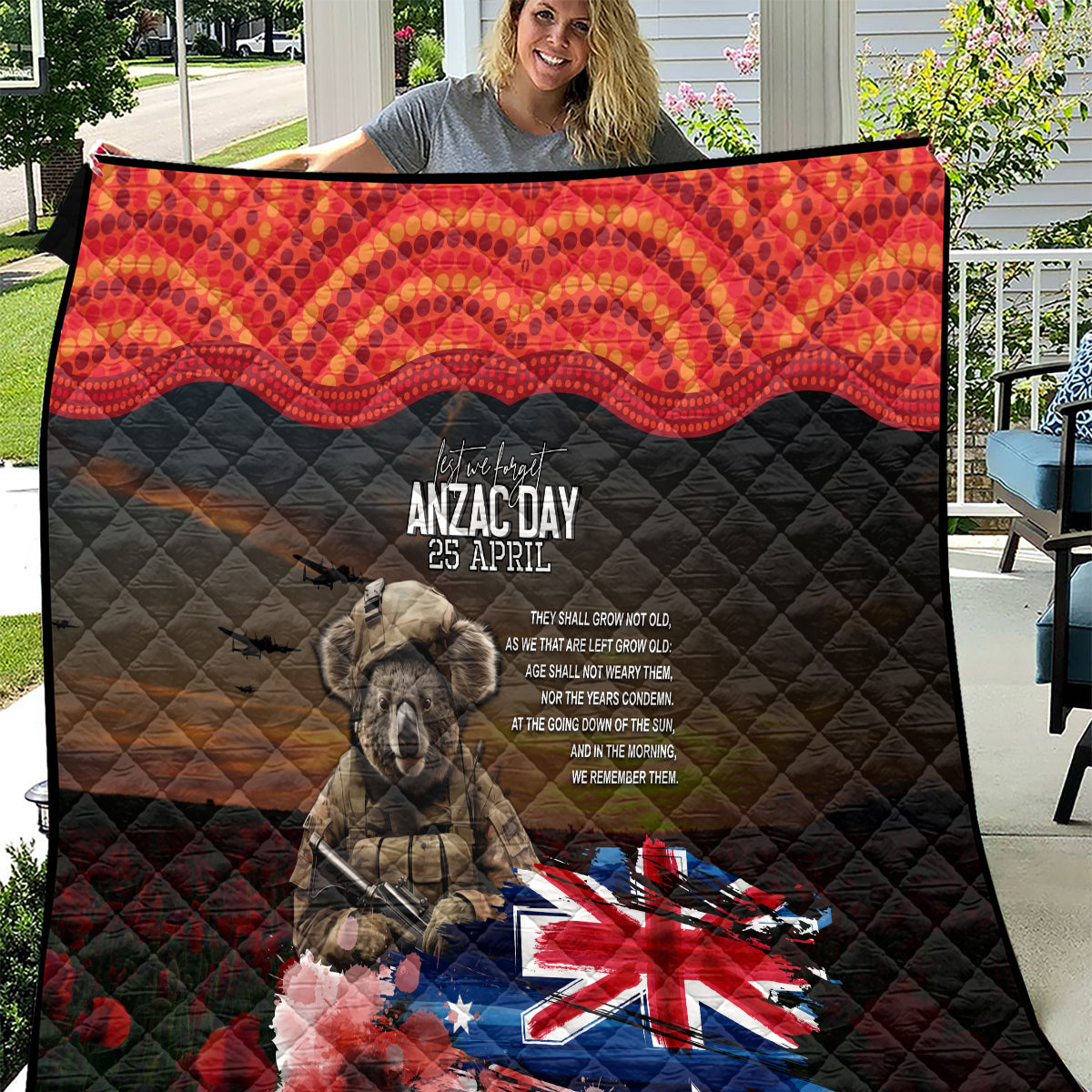 Australia ANZAC Day Quilt Koala and Kangaroo Red Poppy Flower Field Aboriginal Pattern - Vibe Hoodie Shop