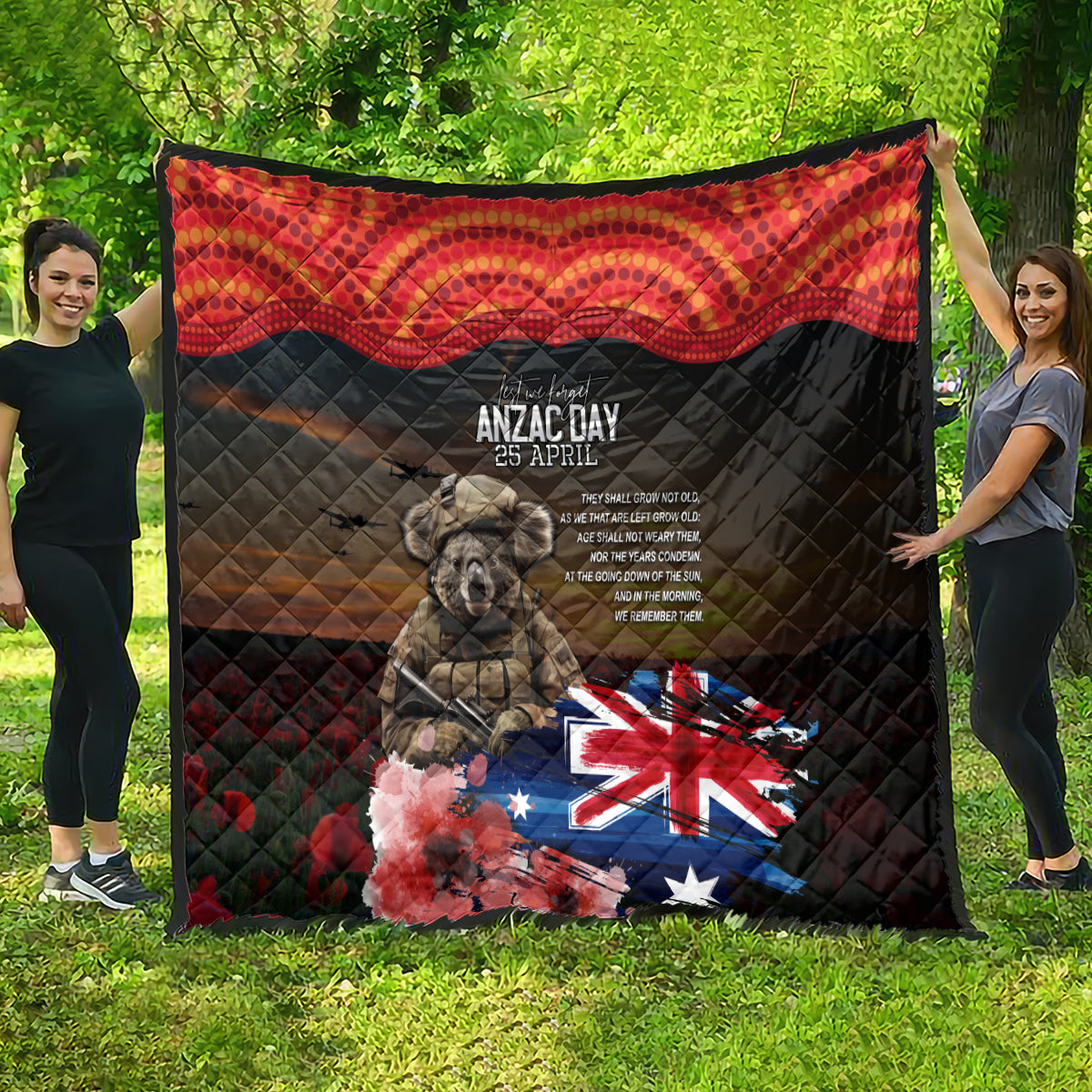 Australia ANZAC Day Quilt Koala and Kangaroo Red Poppy Flower Field Aboriginal Pattern - Vibe Hoodie Shop