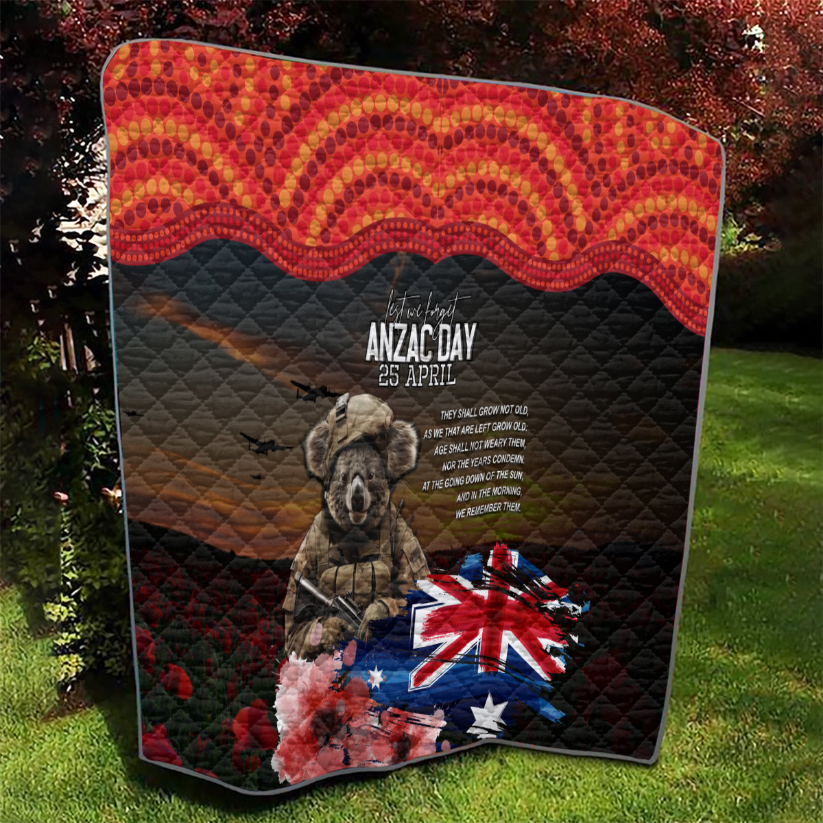 Australia ANZAC Day Quilt Koala and Kangaroo Red Poppy Flower Field Aboriginal Pattern - Vibe Hoodie Shop