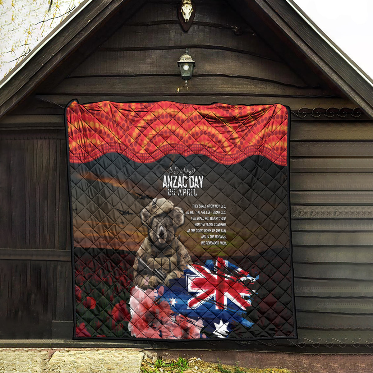 Australia ANZAC Day Quilt Koala and Kangaroo Red Poppy Flower Field Aboriginal Pattern - Vibe Hoodie Shop