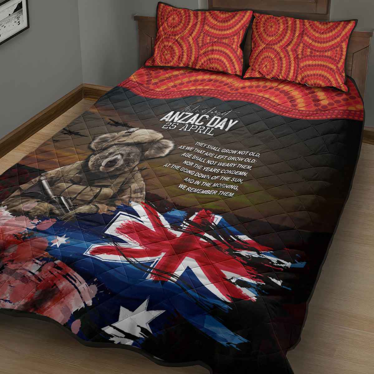 Australia ANZAC Day Quilt Bed Set Koala and Kangaroo Red Poppy Flower Field Aboriginal Pattern - Vibe Hoodie Shop