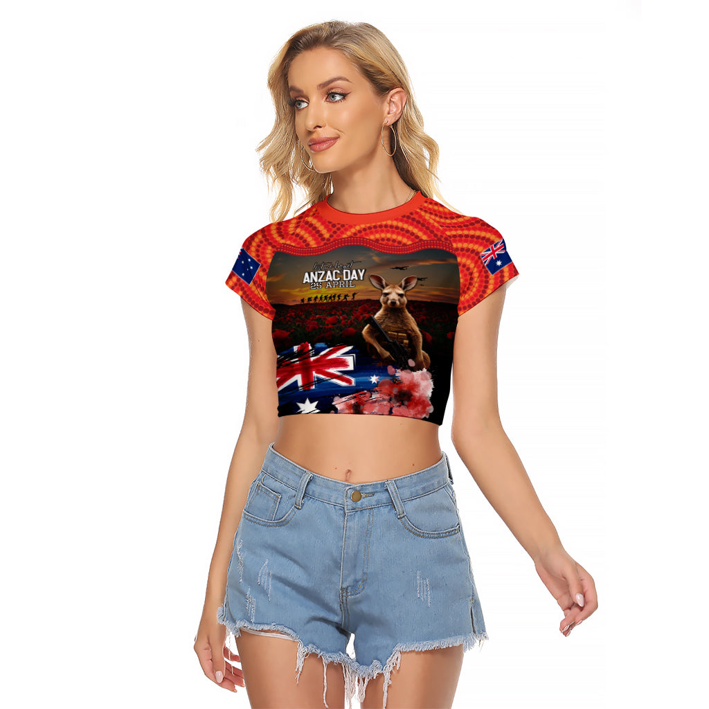 Australia ANZAC Day Raglan Cropped T Shirt Koala and Kangaroo Red Poppy Flower Field Aboriginal Pattern - Vibe Hoodie Shop