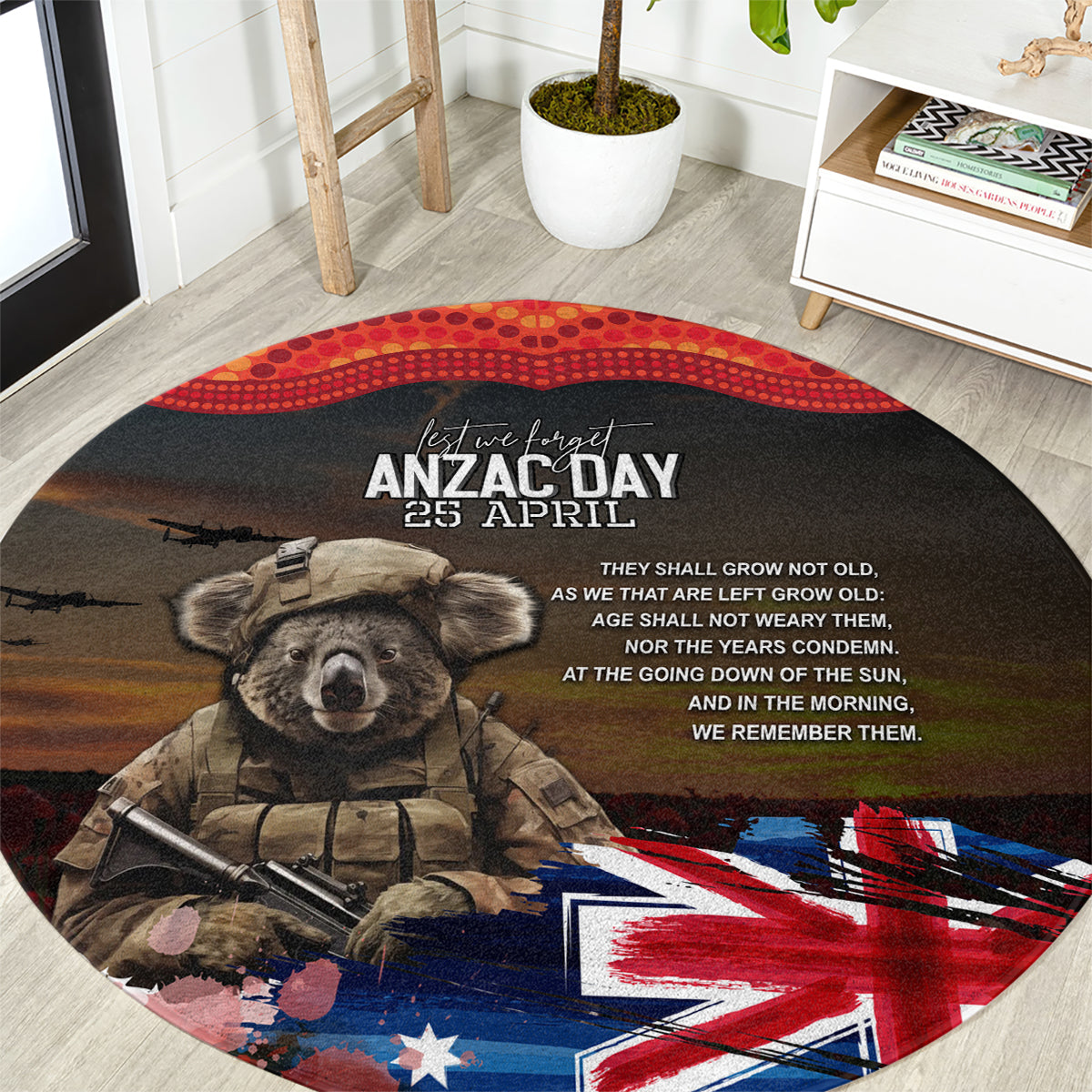 Australia ANZAC Day Round Carpet Koala and Kangaroo Red Poppy Flower Field Aboriginal Pattern
