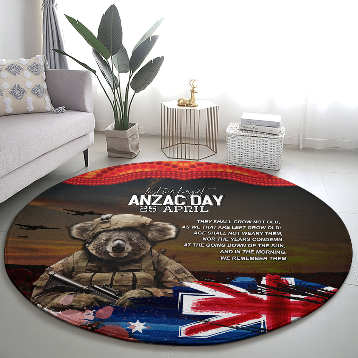 Australia ANZAC Day Round Carpet Koala and Kangaroo Red Poppy Flower Field Aboriginal Pattern