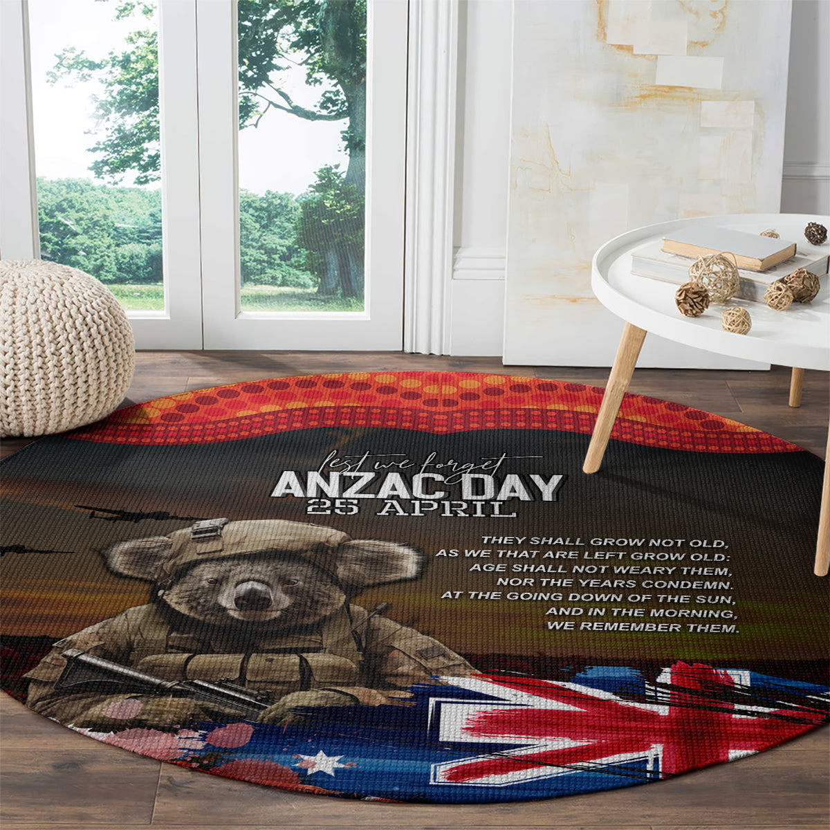 Australia ANZAC Day Round Carpet Koala and Kangaroo Red Poppy Flower Field Aboriginal Pattern