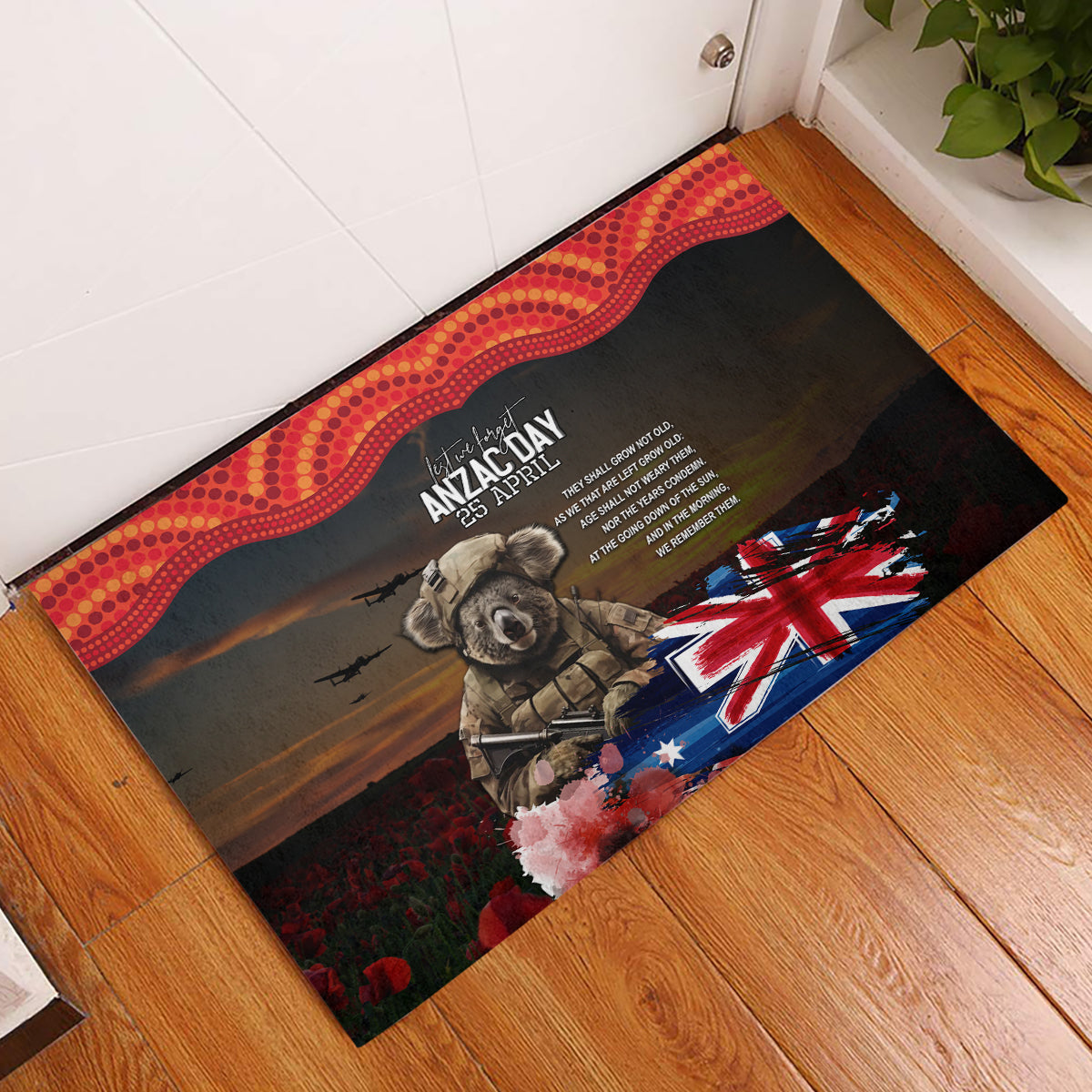 Australia ANZAC Day Rubber Doormat Koala and Kangaroo Red Poppy Flower Field Aboriginal Pattern