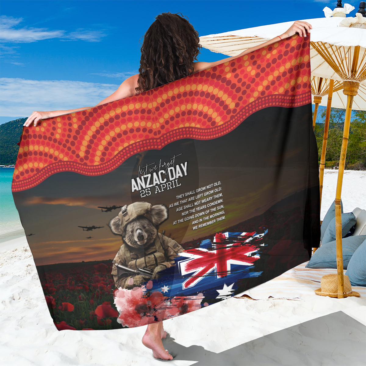 Australia ANZAC Day Sarong Koala and Kangaroo Red Poppy Flower Field Aboriginal Pattern - Vibe Hoodie Shop