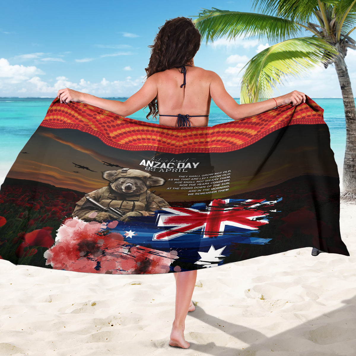 Australia ANZAC Day Sarong Koala and Kangaroo Red Poppy Flower Field Aboriginal Pattern - Vibe Hoodie Shop
