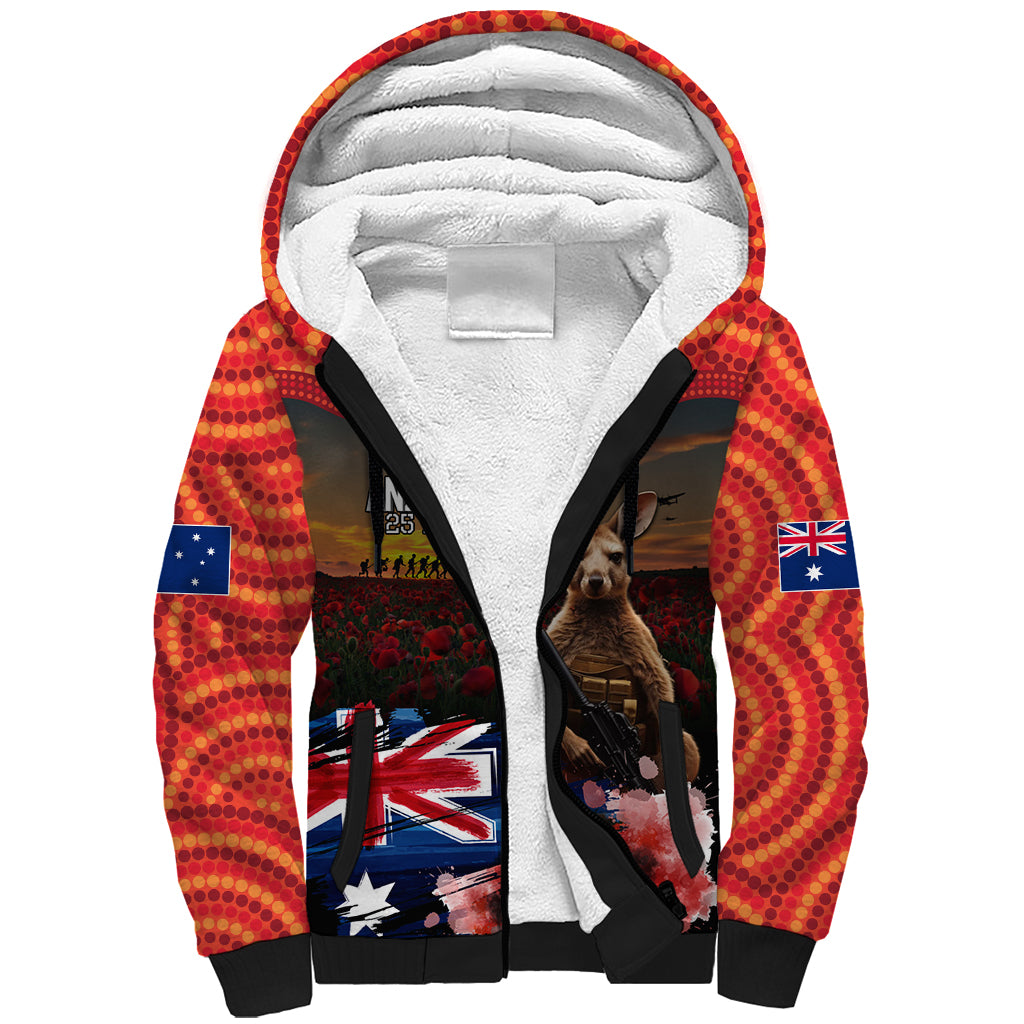 Australia ANZAC Day Sherpa Hoodie Koala and Kangaroo Red Poppy Flower Field Aboriginal Pattern - Vibe Hoodie Shop