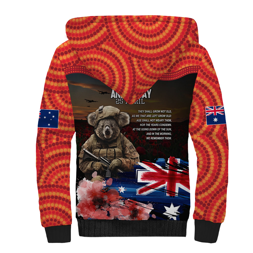 Australia ANZAC Day Sherpa Hoodie Koala and Kangaroo Red Poppy Flower Field Aboriginal Pattern - Vibe Hoodie Shop