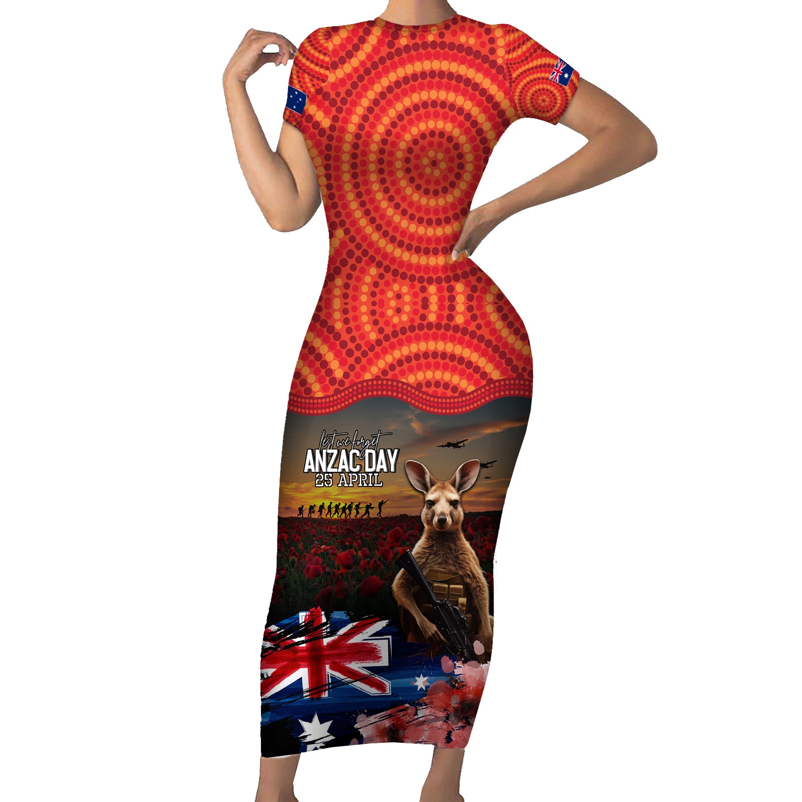Australia ANZAC Day Short Sleeve Bodycon Dress Koala and Kangaroo Red Poppy Flower Field Aboriginal Pattern