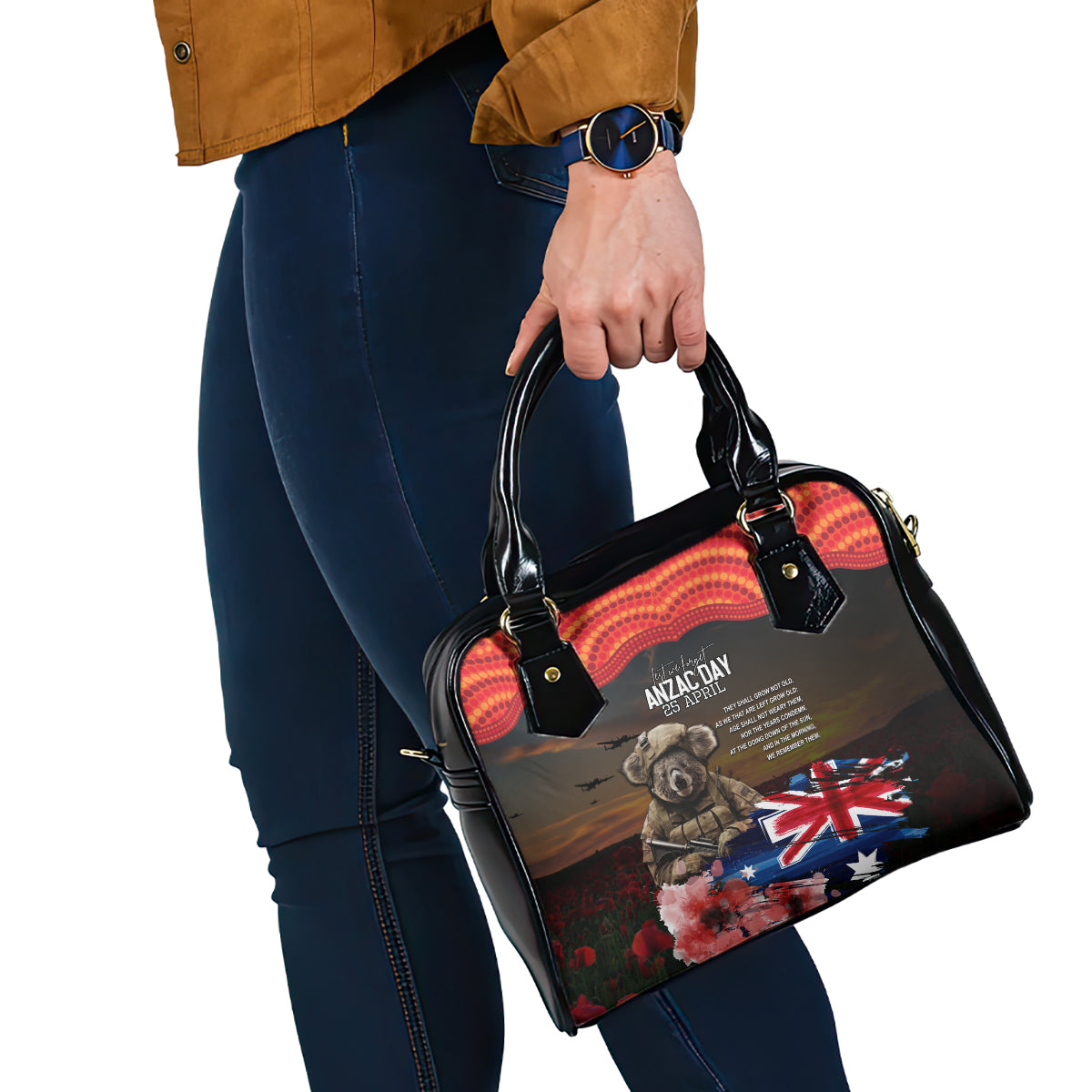 Australia ANZAC Day Shoulder Handbag Koala and Kangaroo Red Poppy Flower Field Aboriginal Pattern - Vibe Hoodie Shop