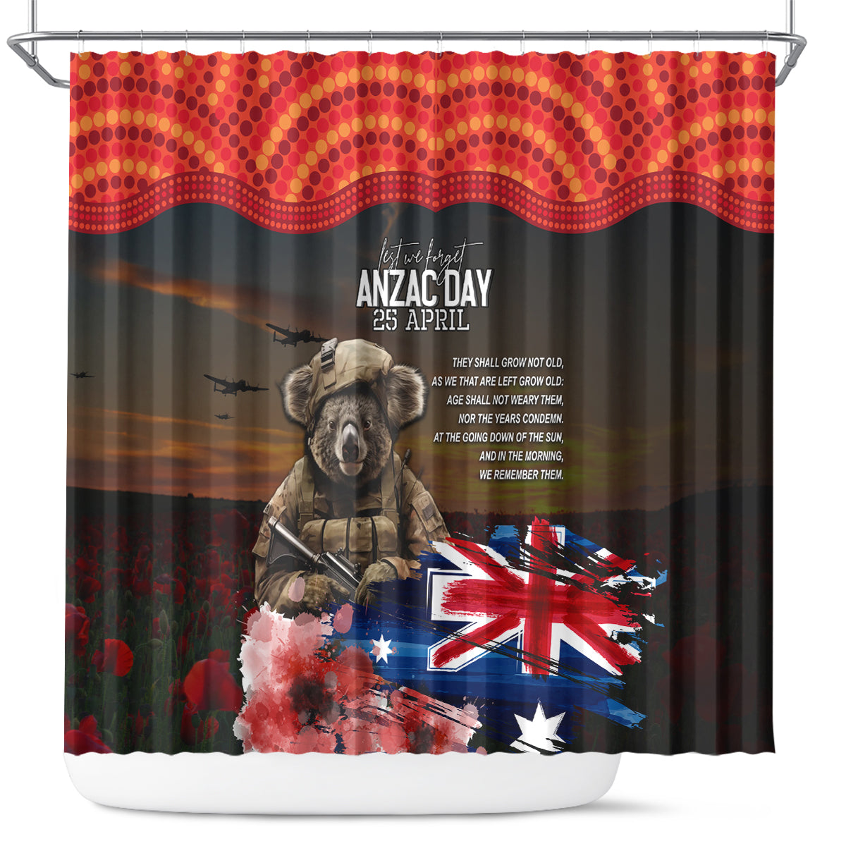 Australia ANZAC Day Shower Curtain Koala and Kangaroo Red Poppy Flower Field Aboriginal Pattern