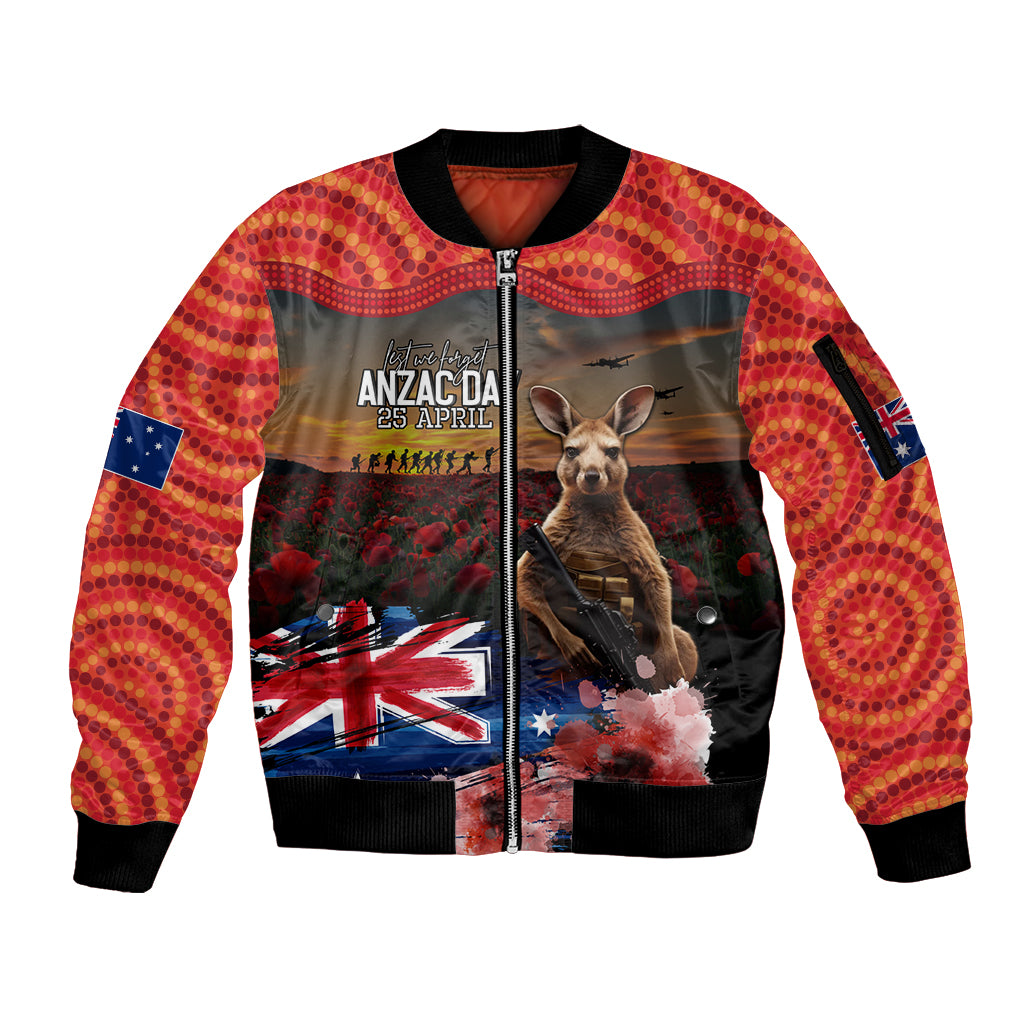 Australia ANZAC Day Sleeve Zip Bomber Jacket Koala and Kangaroo Red Poppy Flower Field Aboriginal Pattern