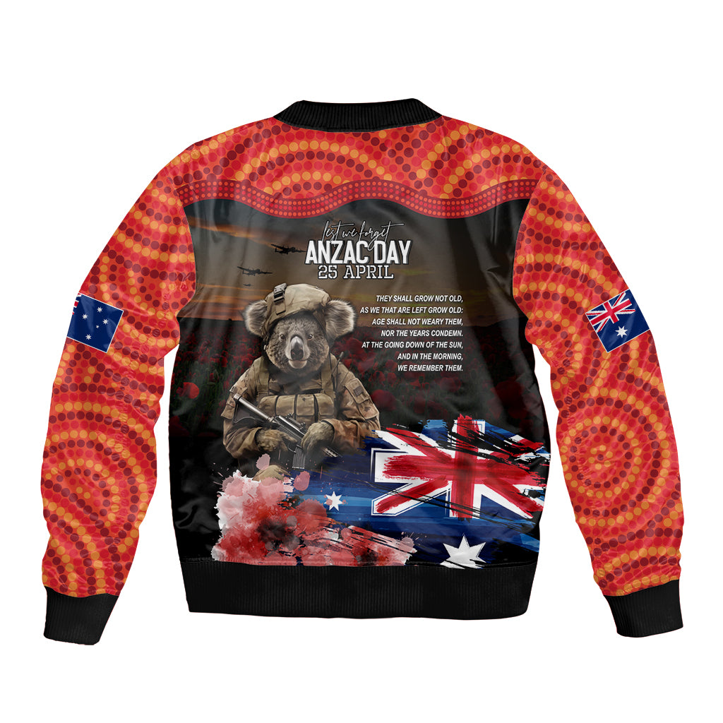 Australia ANZAC Day Sleeve Zip Bomber Jacket Koala and Kangaroo Red Poppy Flower Field Aboriginal Pattern