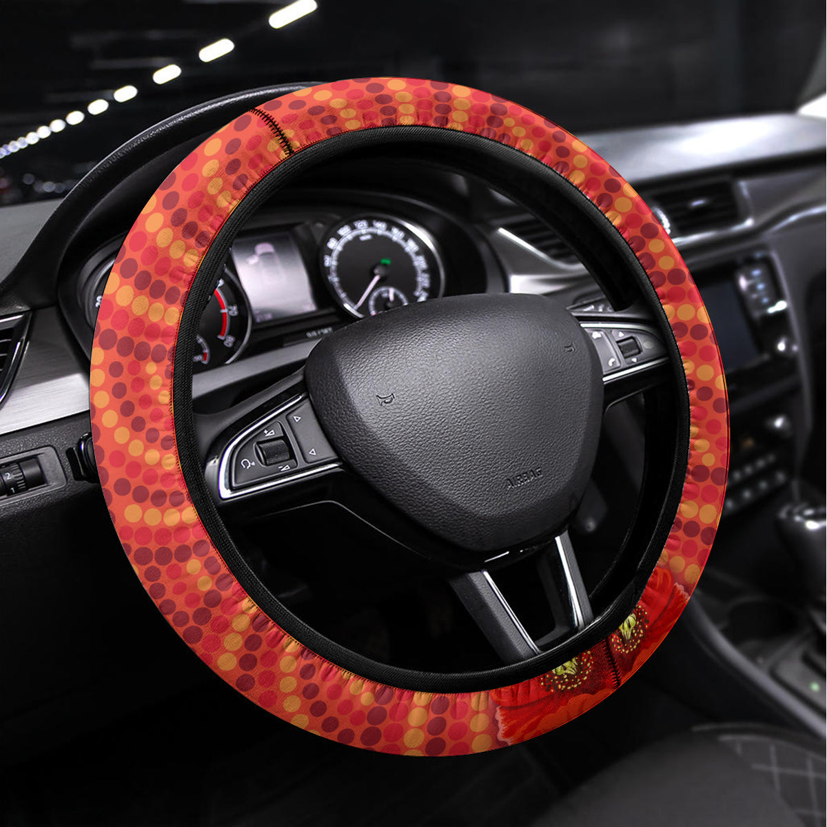 Australia ANZAC Day Steering Wheel Cover Koala and Kangaroo Red Poppy Flower Field Aboriginal Pattern