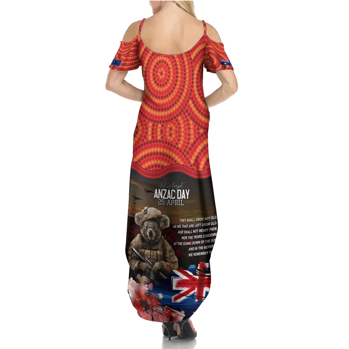 Australia ANZAC Day Summer Maxi Dress Koala and Kangaroo Red Poppy Flower Field Aboriginal Pattern