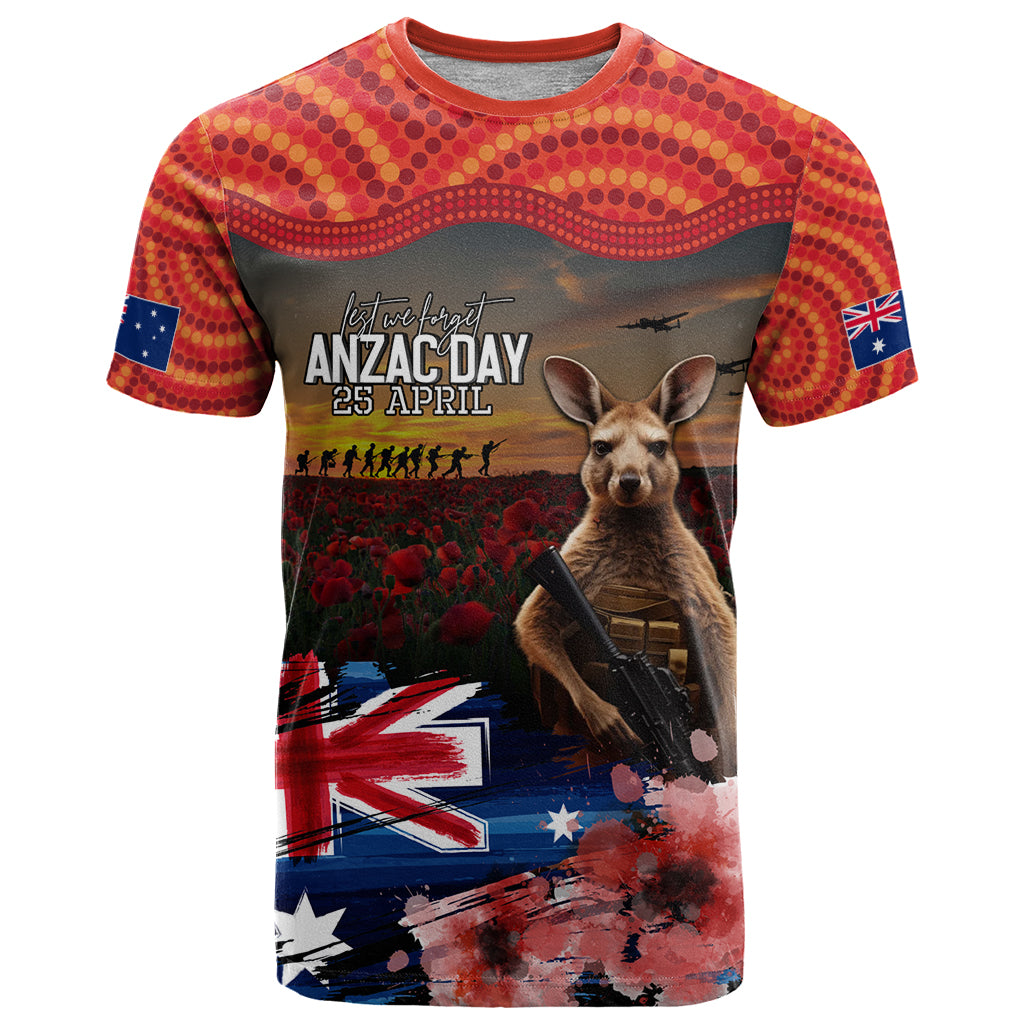 Australia ANZAC Day T Shirt Koala and Kangaroo Red Poppy Flower Field Aboriginal Pattern - Vibe Hoodie Shop