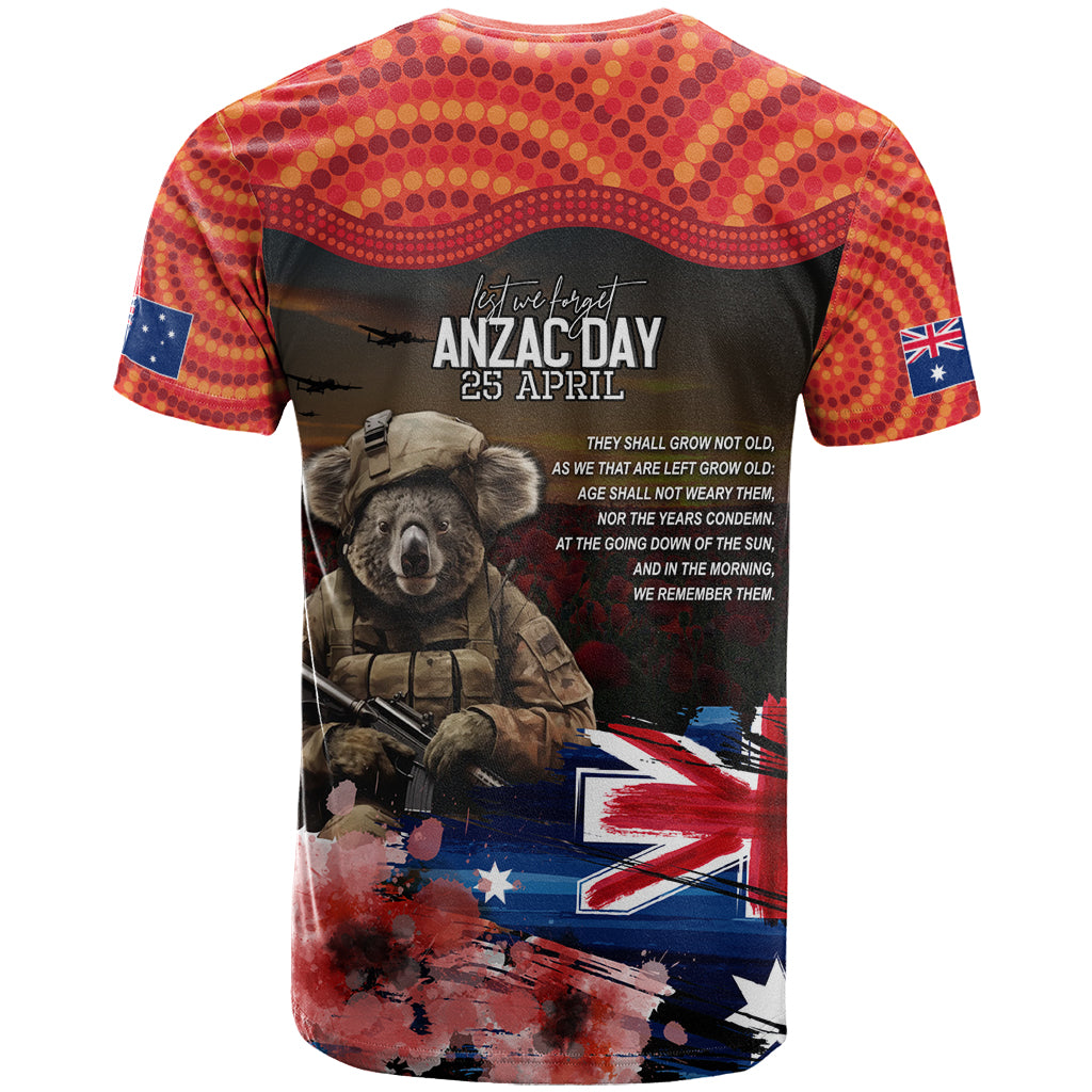 Australia ANZAC Day T Shirt Koala and Kangaroo Red Poppy Flower Field Aboriginal Pattern - Vibe Hoodie Shop