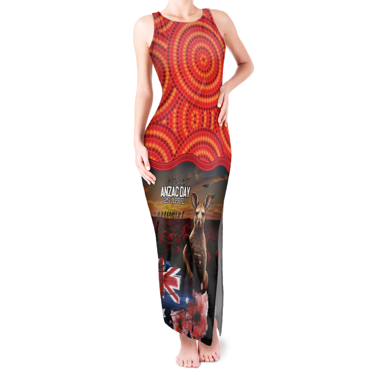 Australia ANZAC Day Tank Maxi Dress Koala and Kangaroo Red Poppy Flower Field Aboriginal Pattern