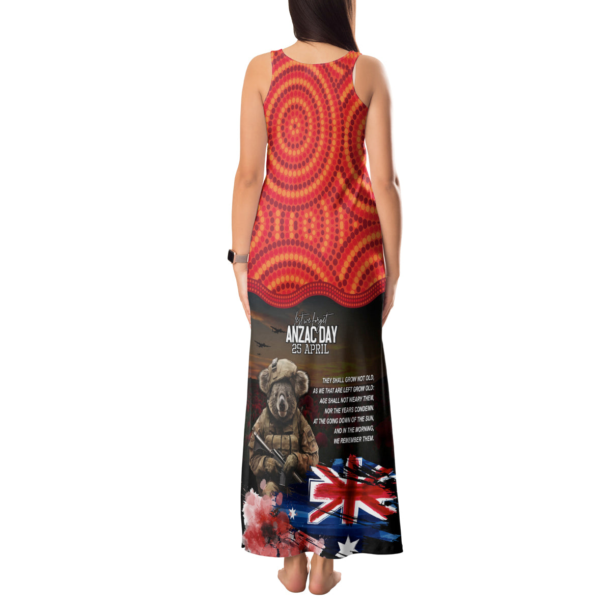 Australia ANZAC Day Tank Maxi Dress Koala and Kangaroo Red Poppy Flower Field Aboriginal Pattern