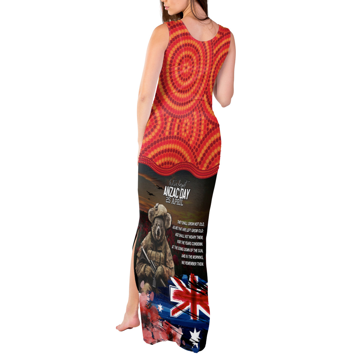 Australia ANZAC Day Tank Maxi Dress Koala and Kangaroo Red Poppy Flower Field Aboriginal Pattern
