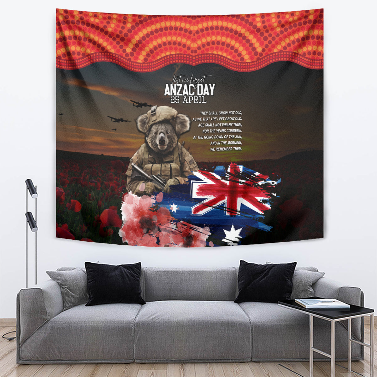 Australia ANZAC Day Tapestry Koala and Kangaroo Red Poppy Flower Field Aboriginal Pattern - Vibe Hoodie Shop