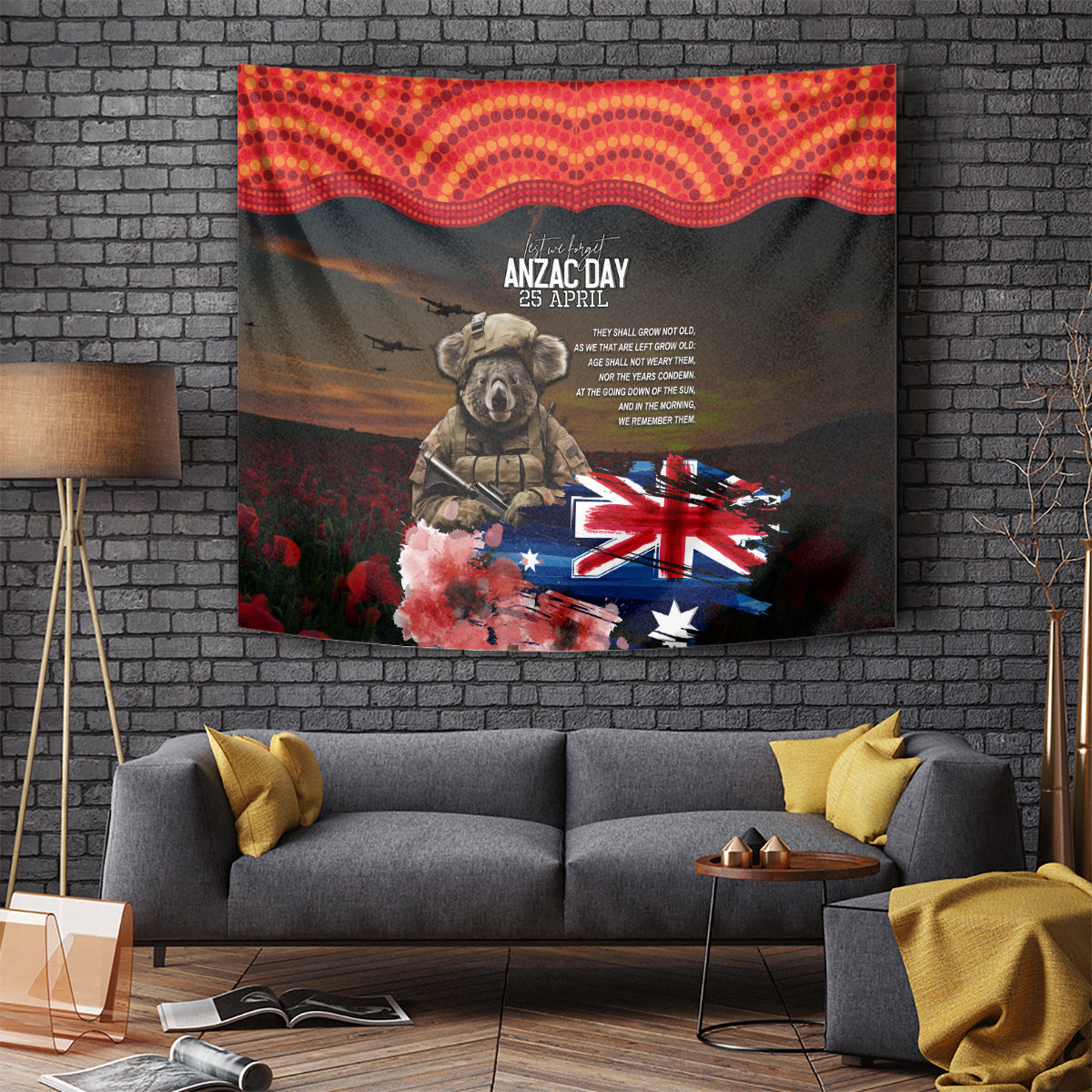 Australia ANZAC Day Tapestry Koala and Kangaroo Red Poppy Flower Field Aboriginal Pattern - Vibe Hoodie Shop