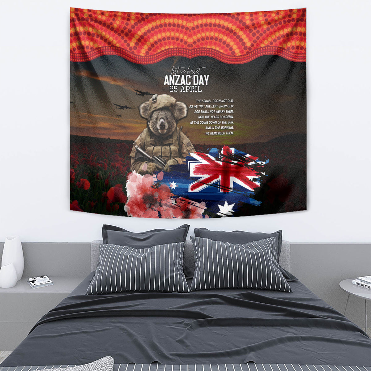 Australia ANZAC Day Tapestry Koala and Kangaroo Red Poppy Flower Field Aboriginal Pattern - Vibe Hoodie Shop