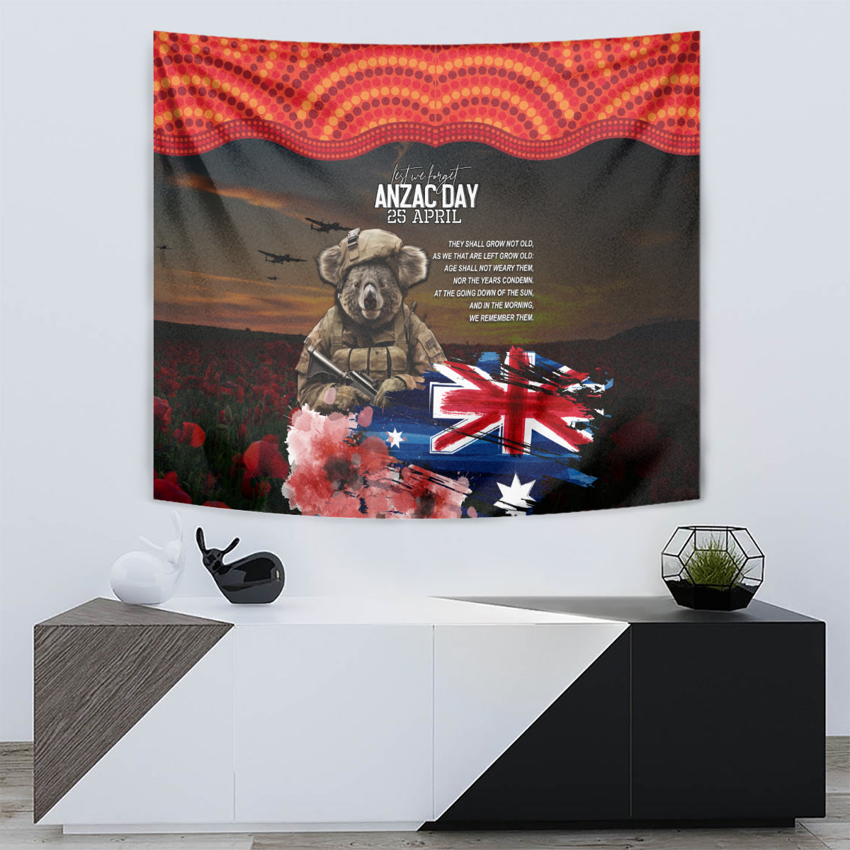 Australia ANZAC Day Tapestry Koala and Kangaroo Red Poppy Flower Field Aboriginal Pattern - Vibe Hoodie Shop