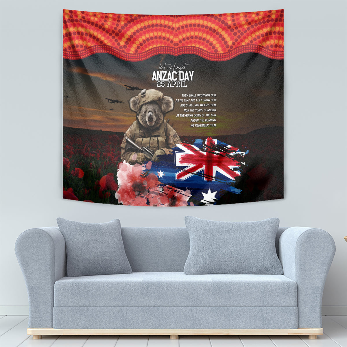 Australia ANZAC Day Tapestry Koala and Kangaroo Red Poppy Flower Field Aboriginal Pattern - Vibe Hoodie Shop