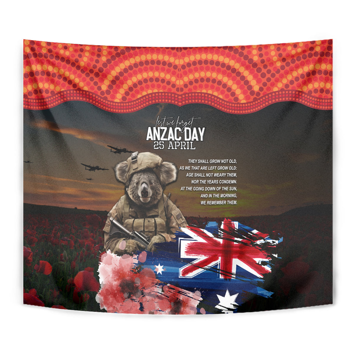 Australia ANZAC Day Tapestry Koala and Kangaroo Red Poppy Flower Field Aboriginal Pattern - Vibe Hoodie Shop