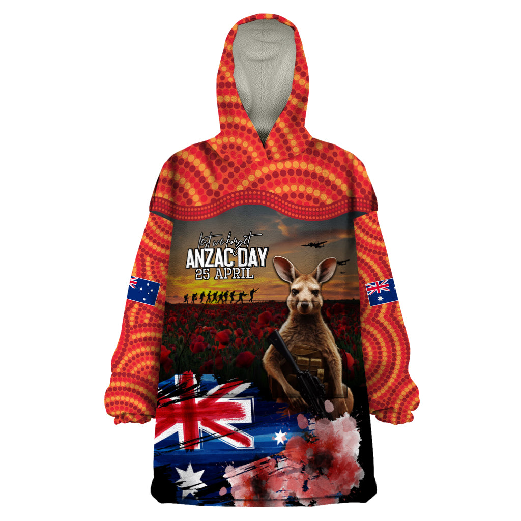 Australia ANZAC Day Wearable Blanket Hoodie Koala and Kangaroo Red Poppy Flower Field Aboriginal Pattern - Vibe Hoodie Shop