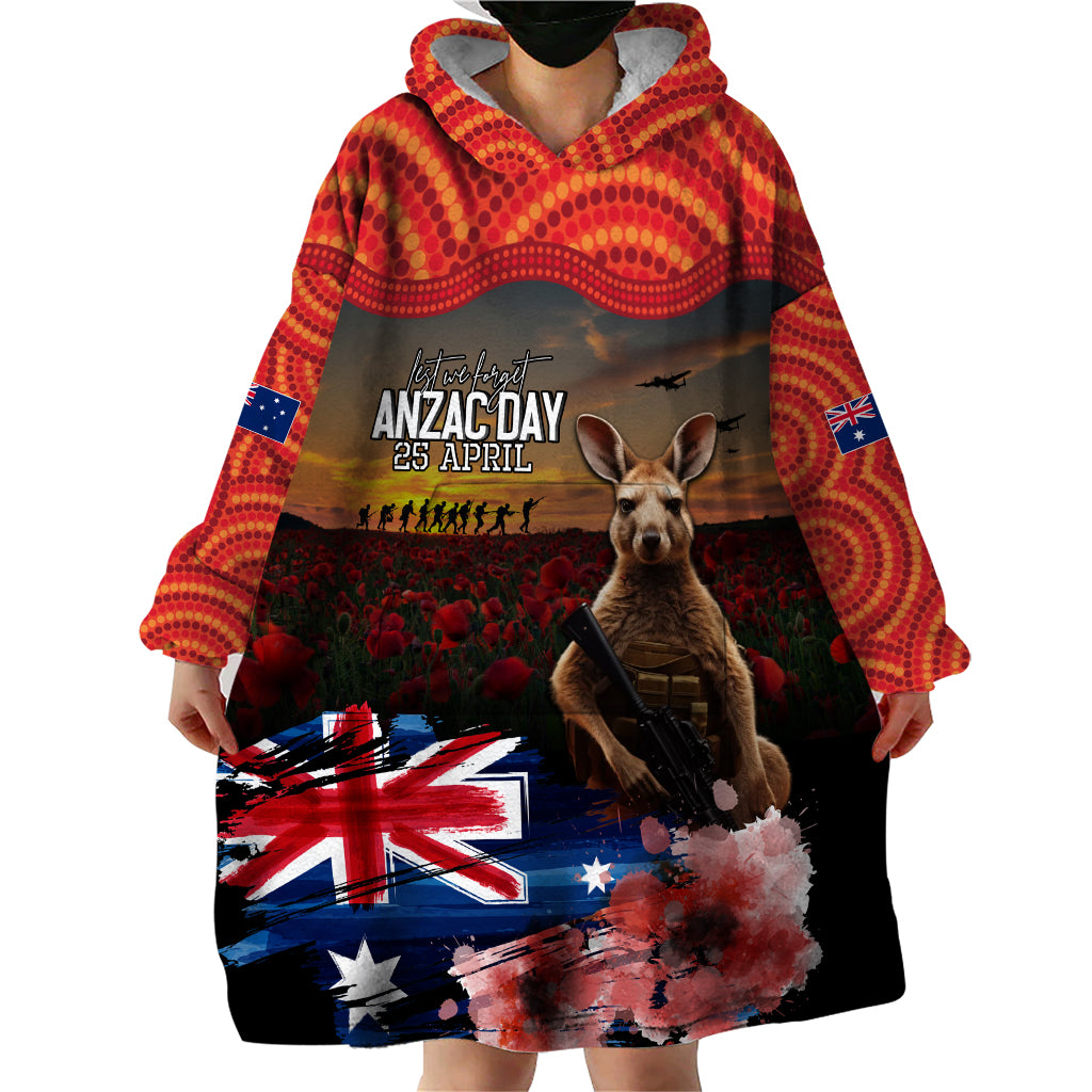 Australia ANZAC Day Wearable Blanket Hoodie Koala and Kangaroo Red Poppy Flower Field Aboriginal Pattern - Vibe Hoodie Shop