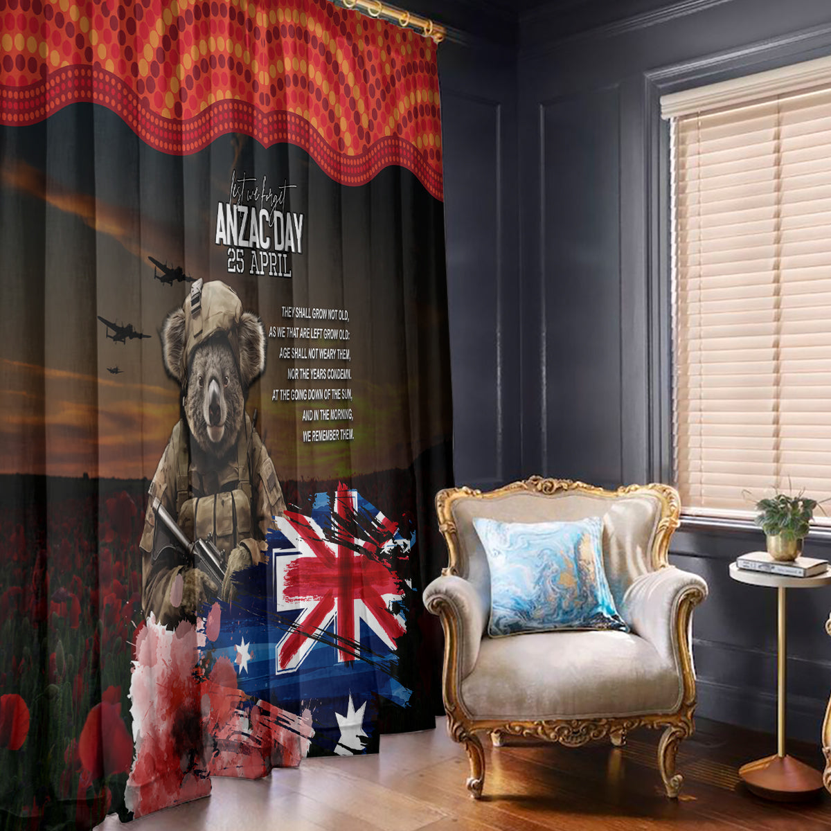 Australia ANZAC Day Window Curtain Koala and Kangaroo Red Poppy Flower Field Aboriginal Pattern